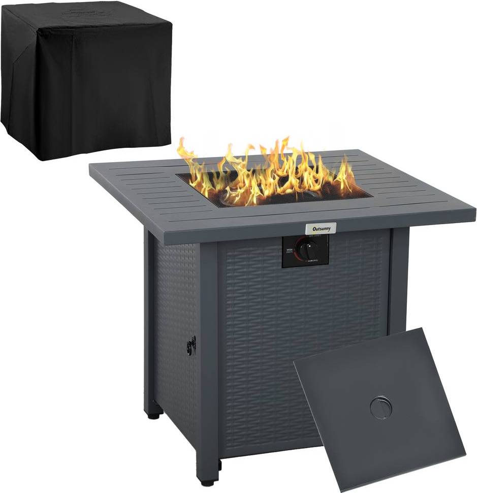Rolipo Rattan Gas Fire Pit Table Lava Rocks Grey