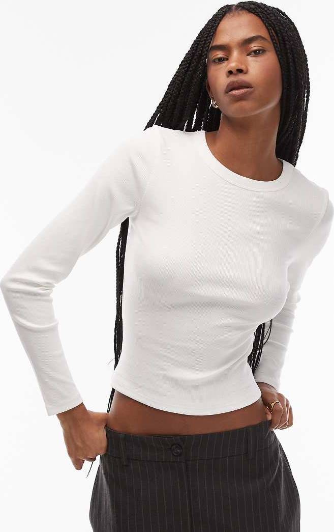 ASOS DESIGN Ribbed Crew Neck Long Sleeve Top - Cream Multi