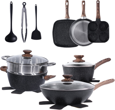 EDX Non Stick Cookware Set 17pcs with Detachable Handle Cookware Set