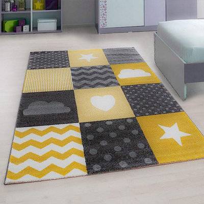 Bravich Yellow And Grey Checked Rug Kids