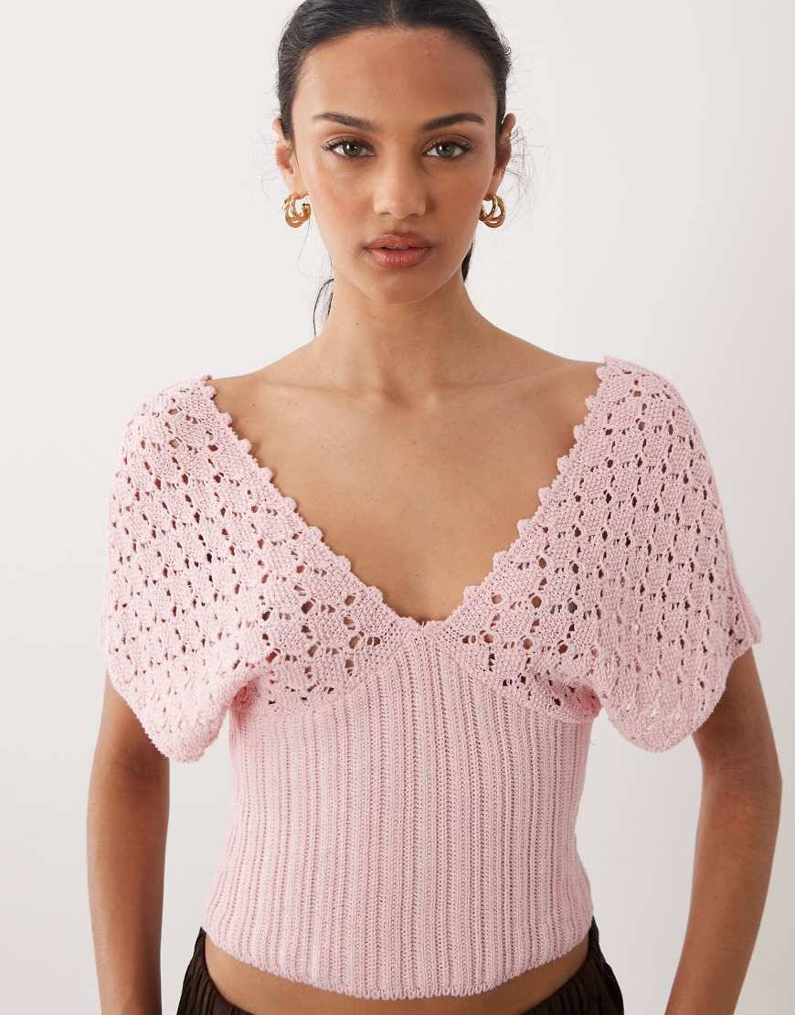 ASOS DESIGN Rosa Stickad Topp Med Djup Ringning Indragning - Rosa