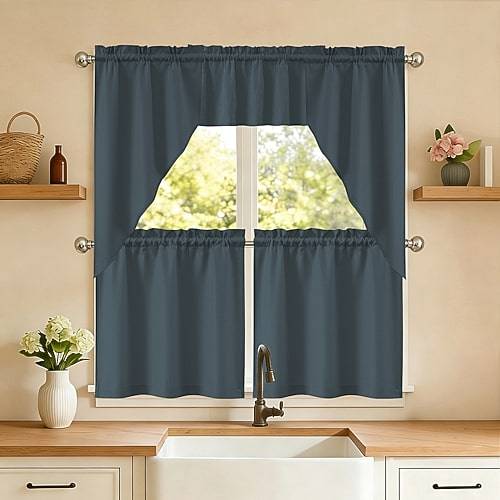 Kitchen window curtains Sweet Home Collection Ripcord 5-Pc Rod Pocket Kitchen Curtains Drapes Window Set Blue