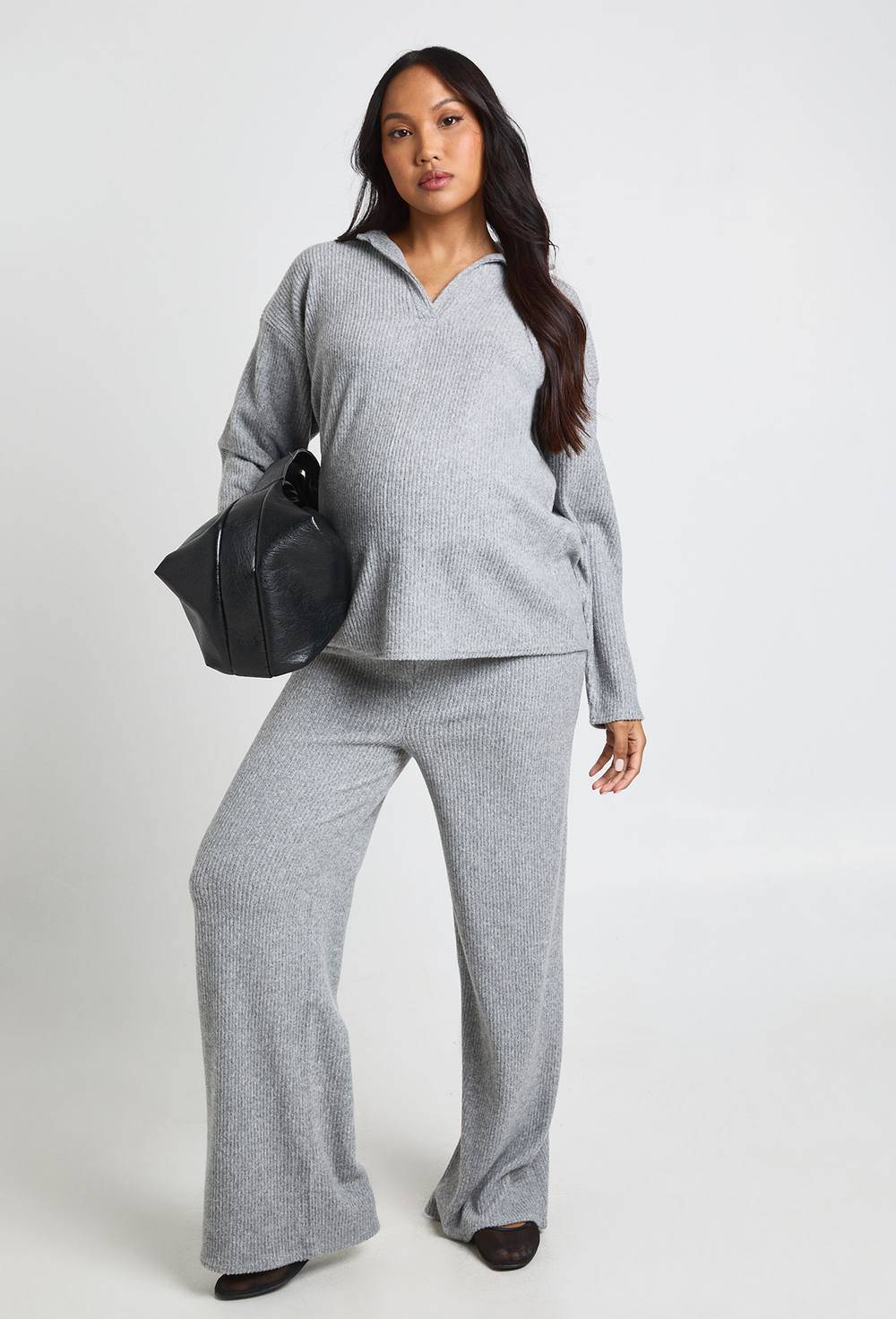 boohoo Maternity Soft Rib Collared Top Trouser Lounge Set - Grey