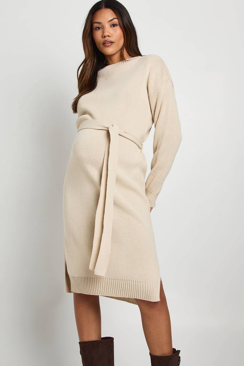 boohoo Robe Midi Pull Maternite Col Rond - Gris Pierre