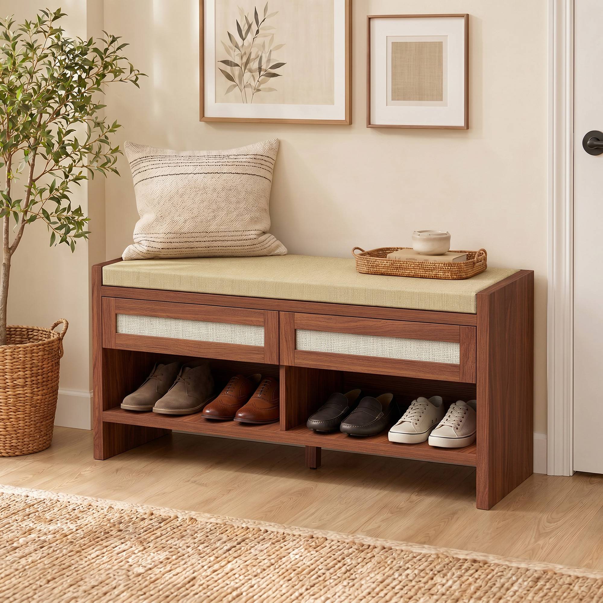 Shoe bench Homcom Boho Shoe Bench With 2 Seater Brown Shoe Rack