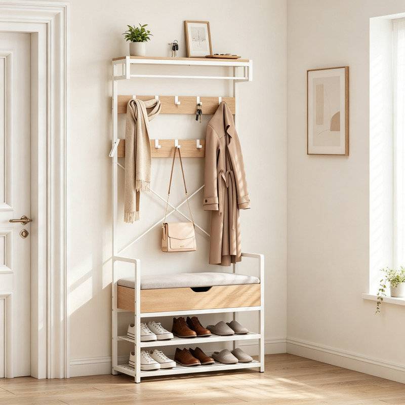Shoe bench Rebrilliant Modular Hall Tree Coat Rack with Shoe Bench Shoe Rack 80x180cm