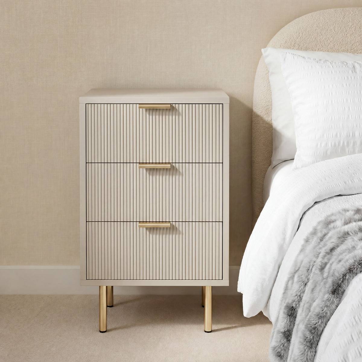 OHS Ribbed 3-Drawer Bedside Unit Stone Bedside Table