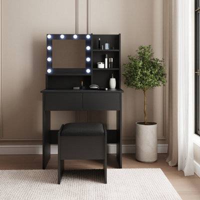 GFW Eva 2 Drawer 4 Shelf Black LED Mirror Table With Stool Set Dressing Table