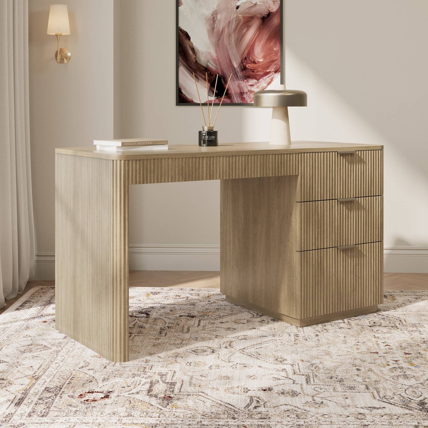 Light Oak Ribbed Office Desk 3 Drawers