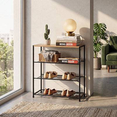 B&Q 4 Tier Wooden Shoe Bench Metal Frame Storage Rack Shoe Rack 63x63cm