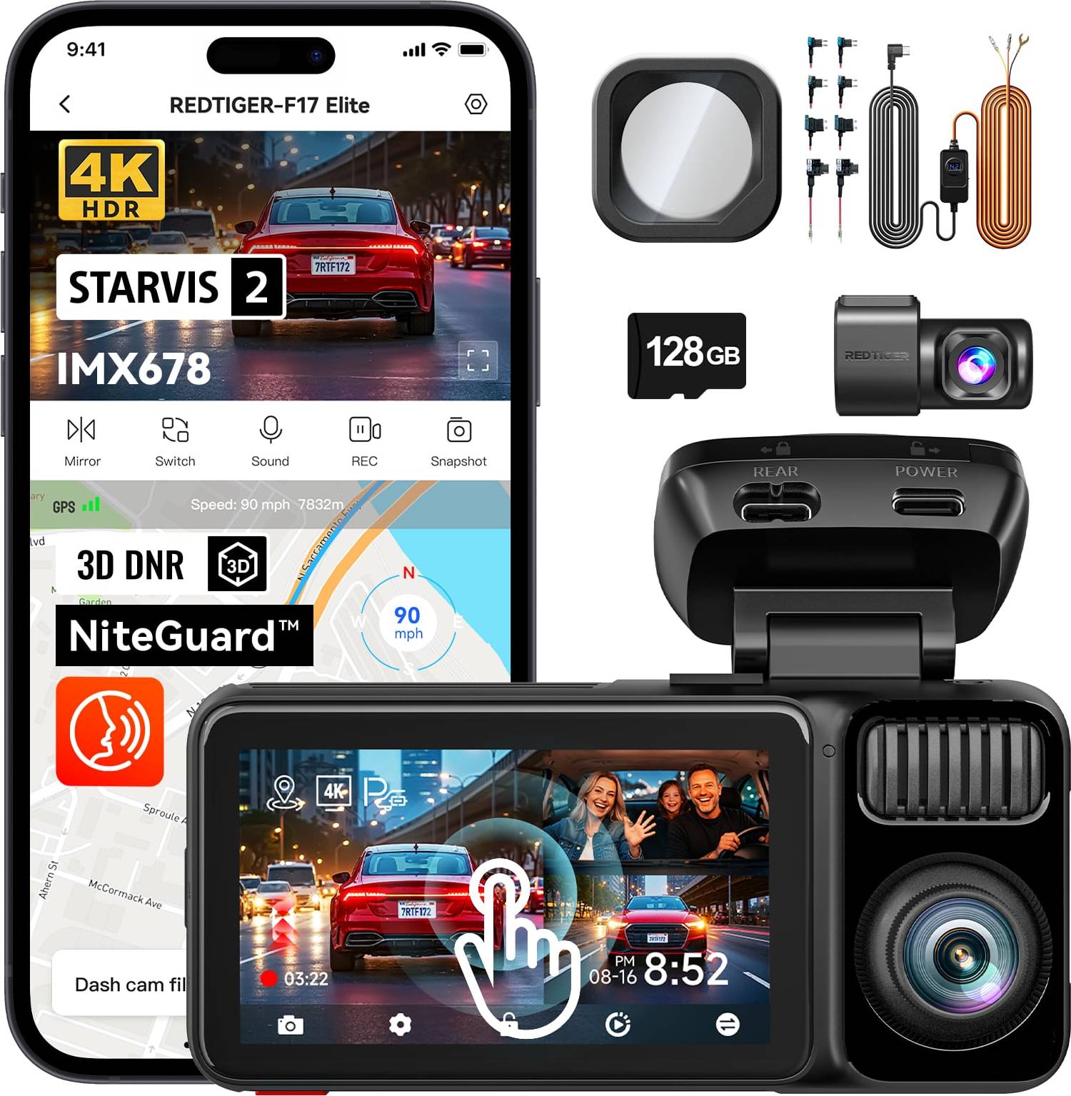 4k dash cam Redtiger RTF17ETL 4K 3 Channel Dash Cam