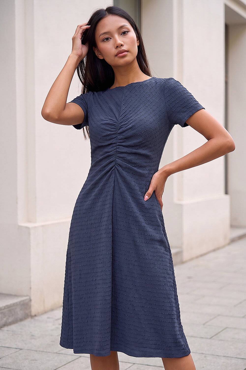 Roman Ruched Front Midi Dress - Grey