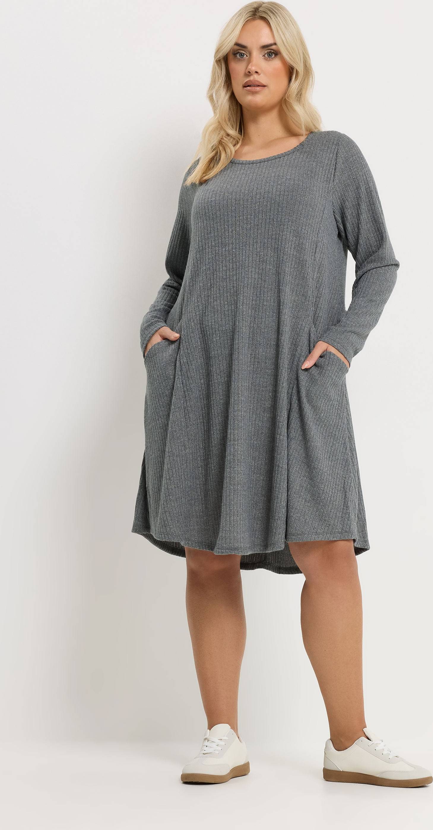 Yours Ribbed Pocket Dress Grey