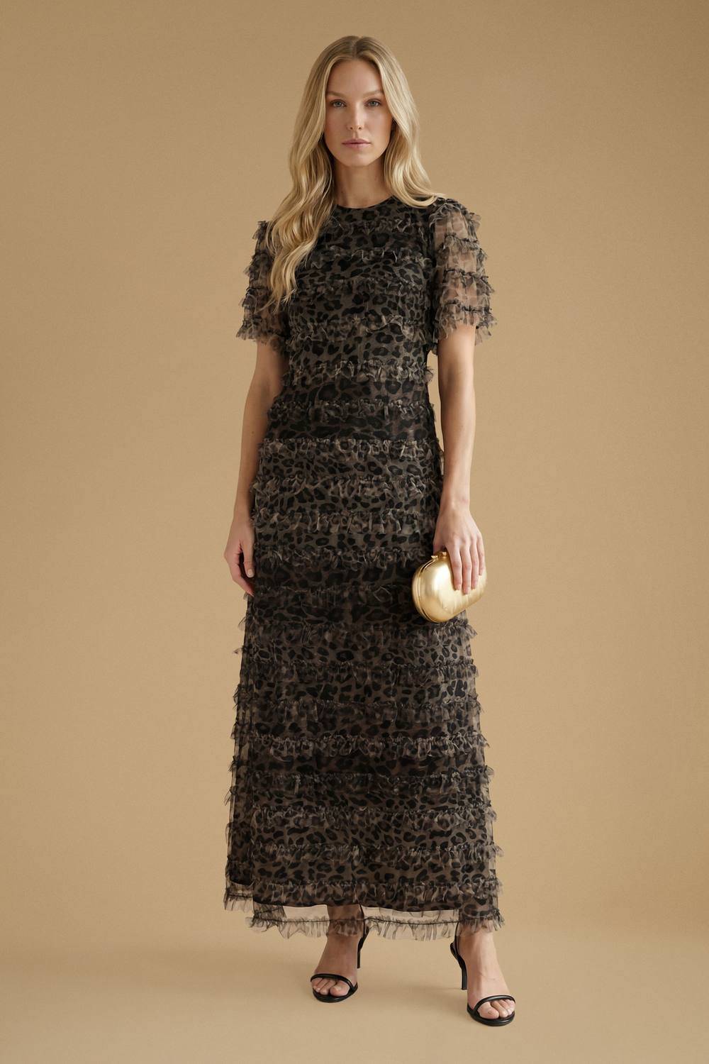 Oasis Leopard Print Ruffle Mesh Maxi Dress - Leopard