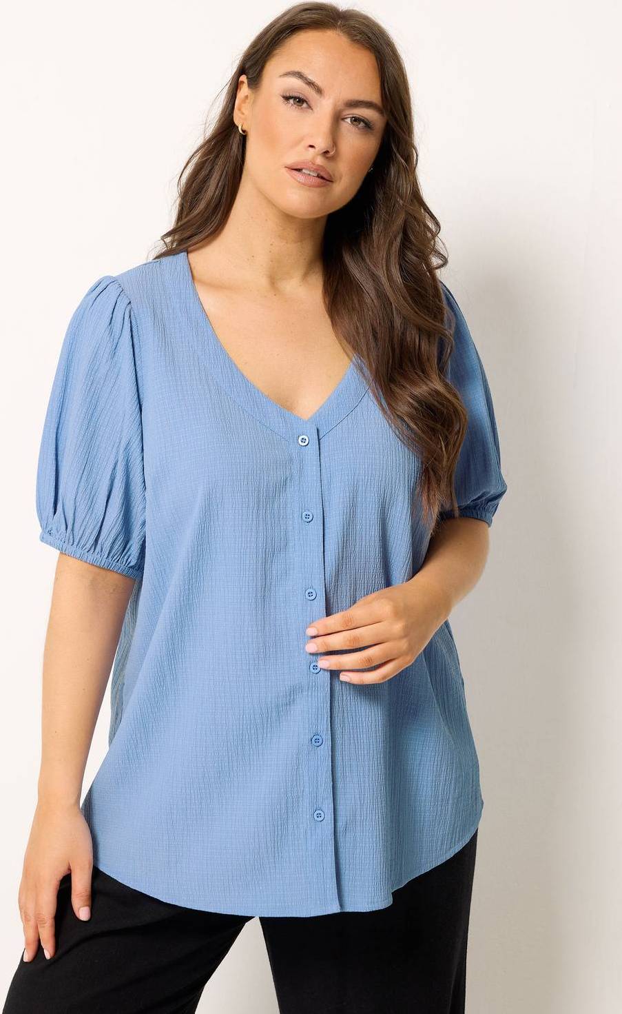 Yours Button Textured Blouse - Light Blue
