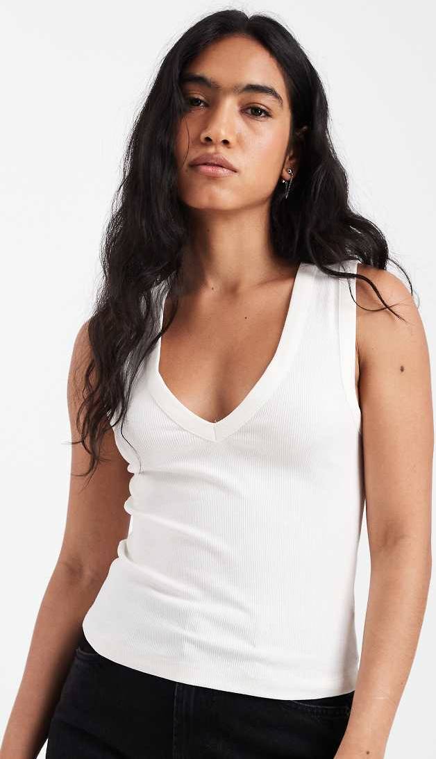 ASOS DESIGN Ribbed V Neck Vest Ivory-White
