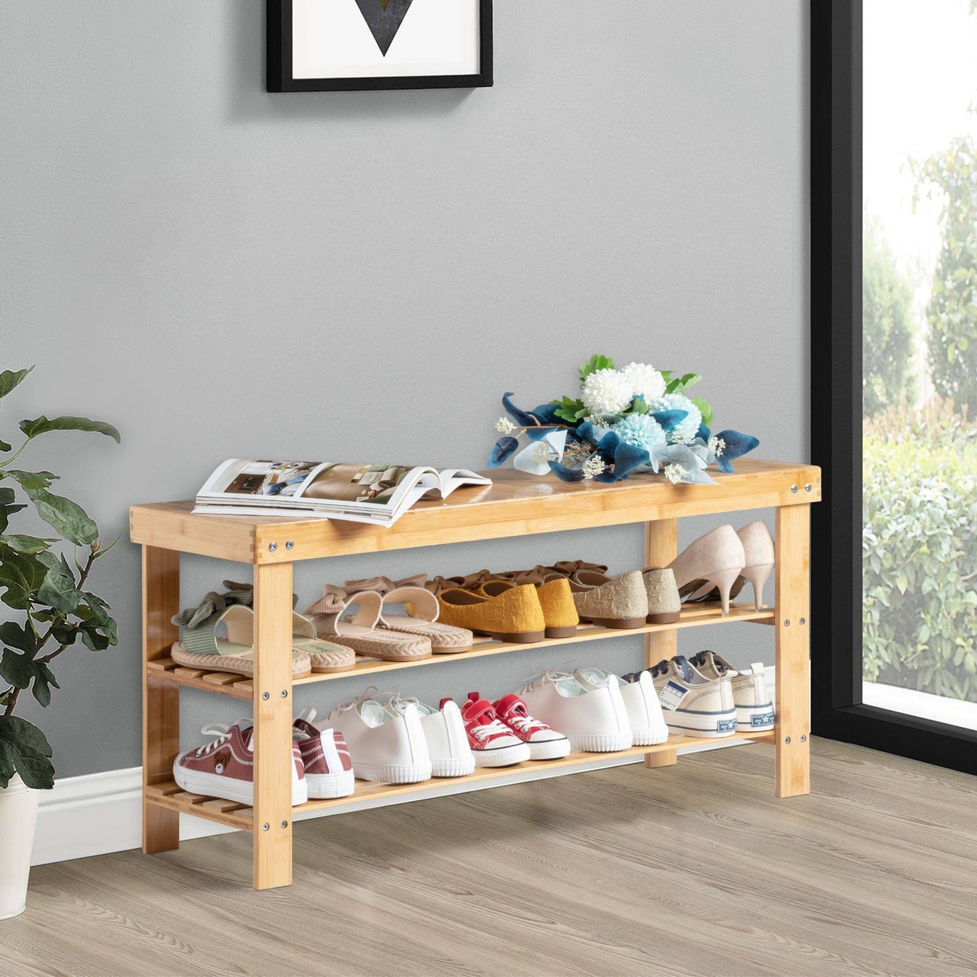 3 tier shoe bench Winado 3-Tier Brown Bamboo Shoe Rack Bench Shoe Rack