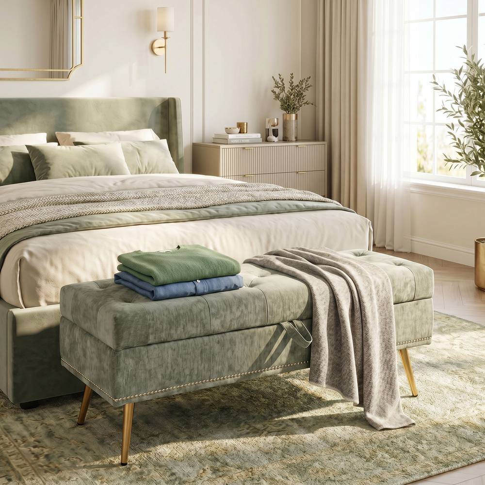 Homcom Chenille Ottoman Storage Box Light Green Storage Bench