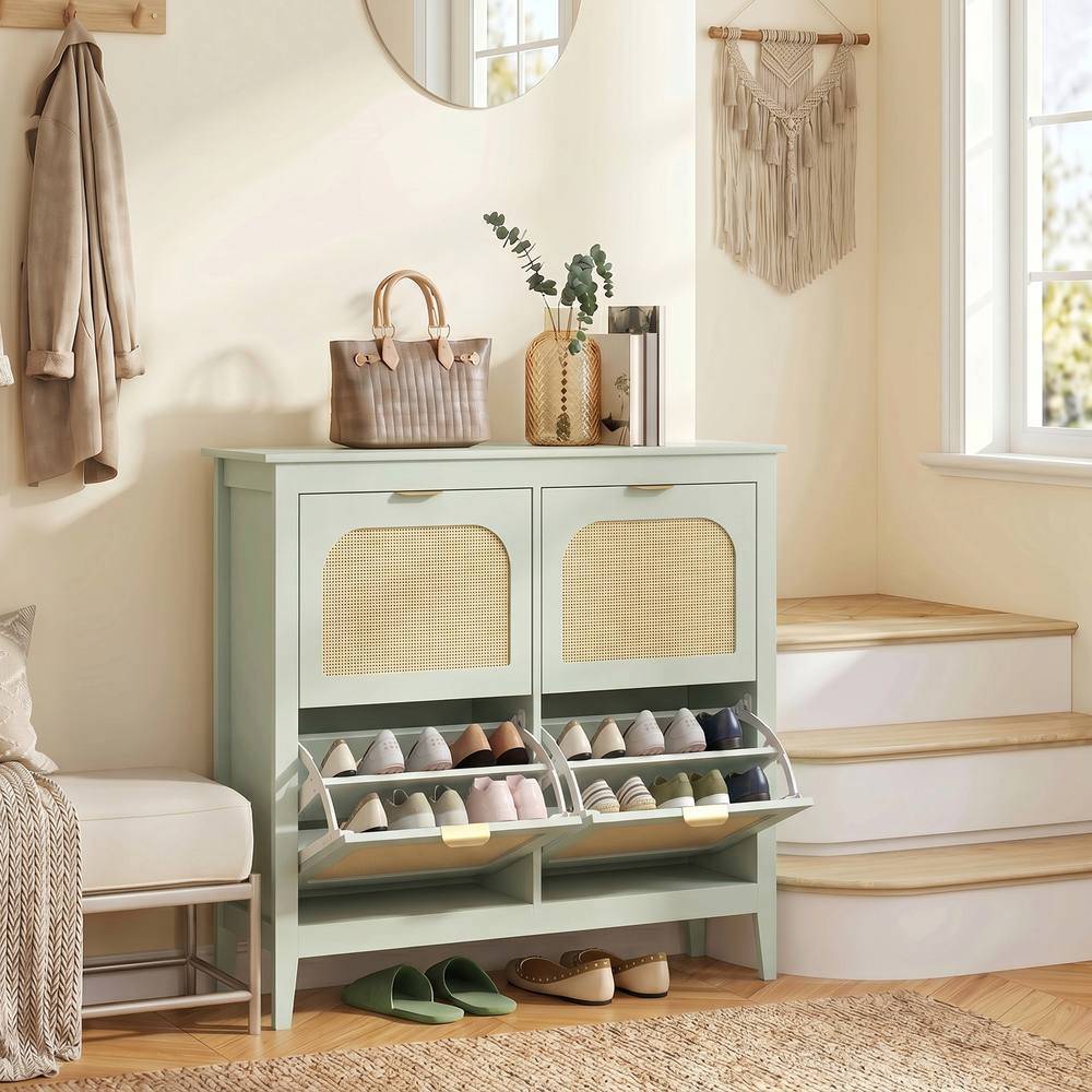 Homcom Boho Slim Shoe Cabinet With Rattan Doors Shoe Rack 20pcs