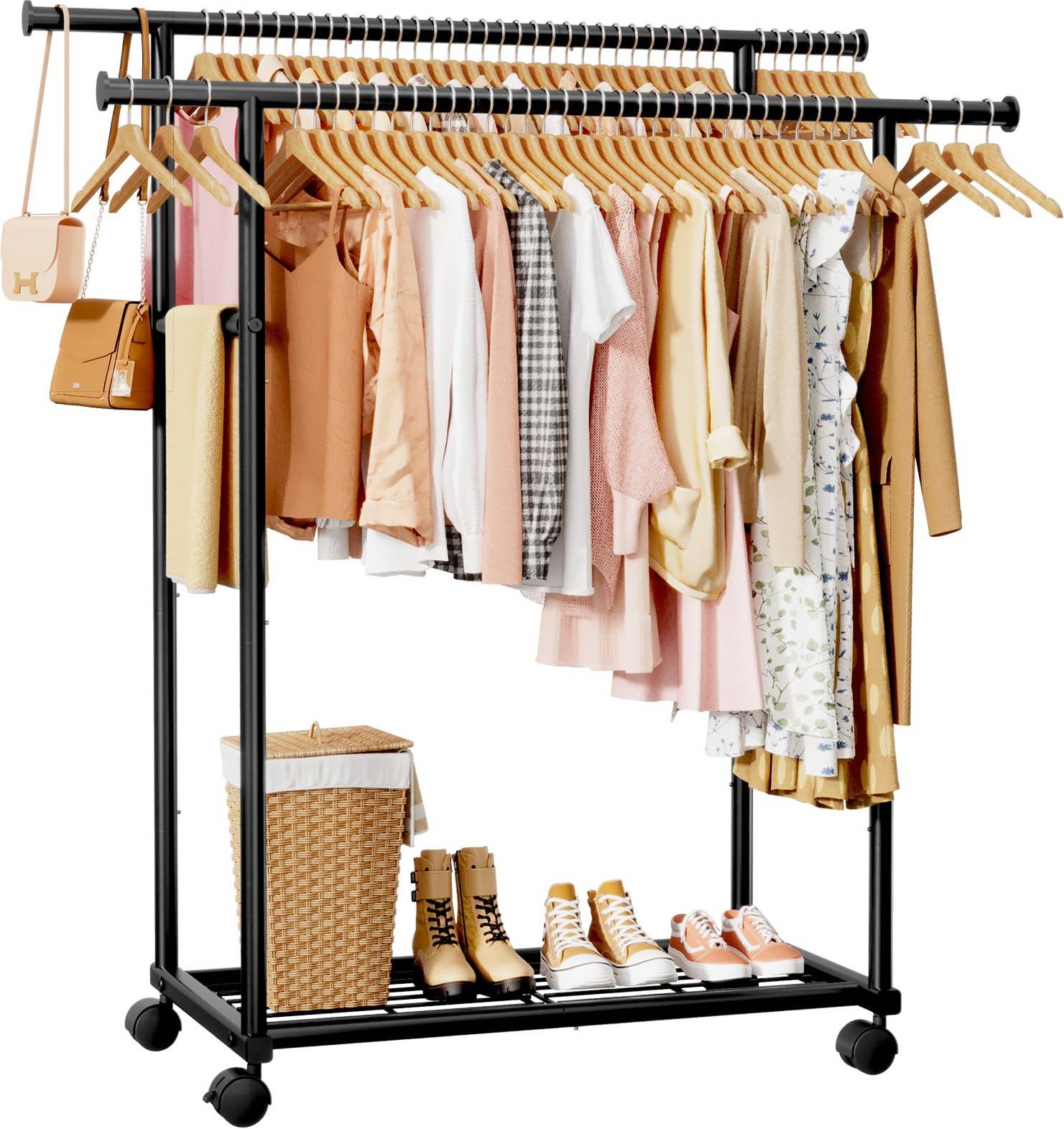 Sakugi Double Rod Clothing Rack with Shelf Wheels Clothes Rack