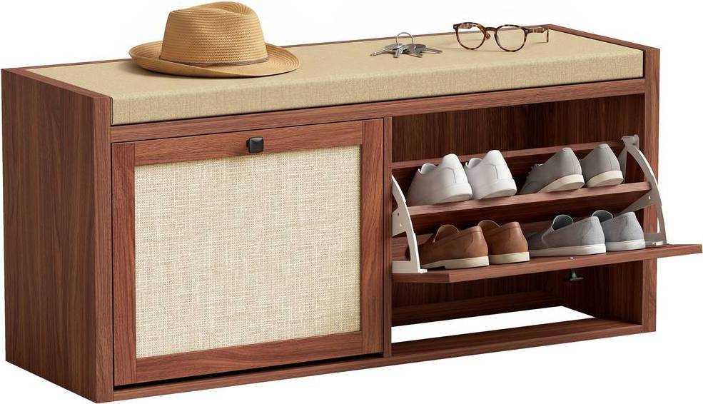 Homcom Rattan Shoe Bench with Padded Cushion and 2 Cabinets Shoe Rack