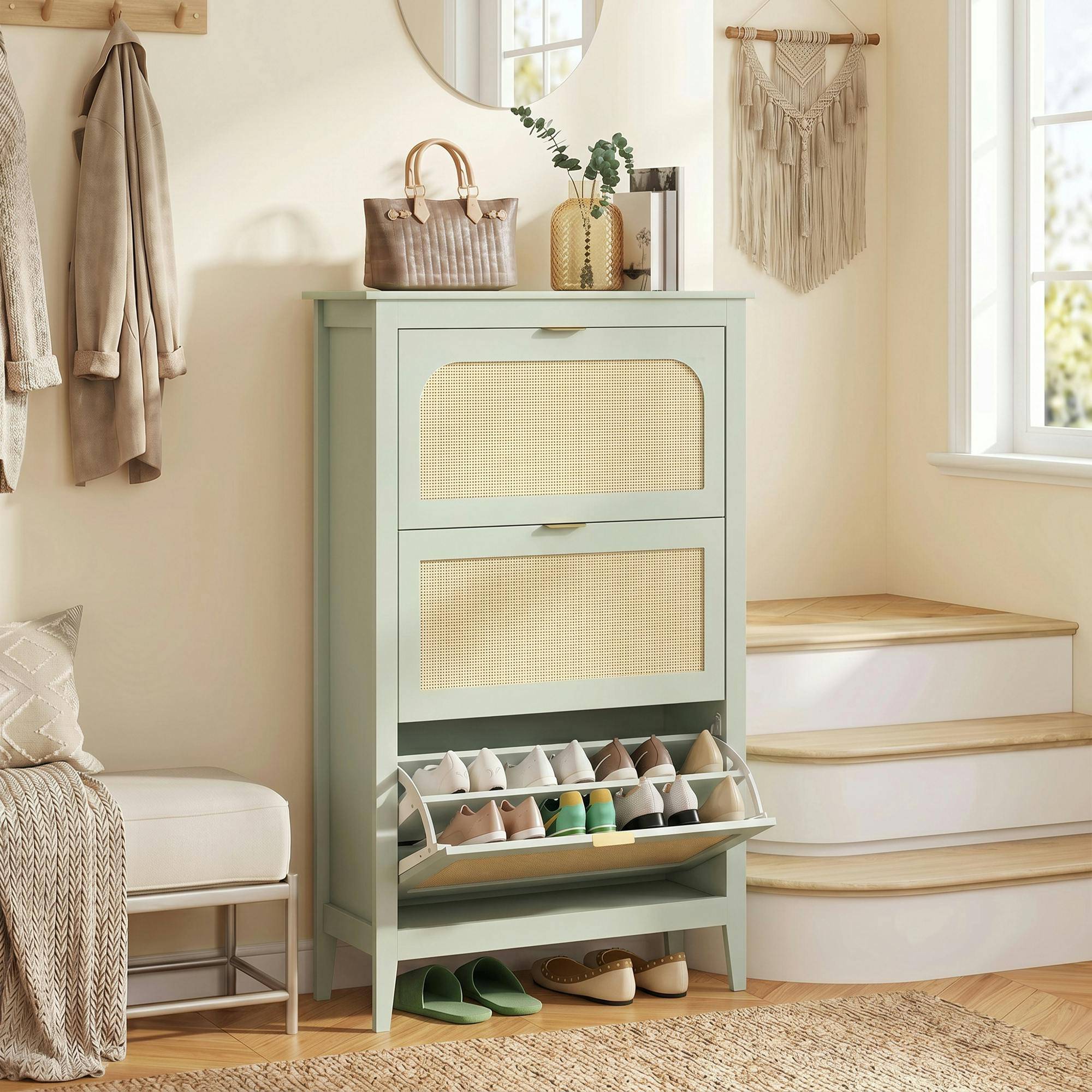 Homcom Boho Slim Shoe Cabinet With Rattan Doors Shoe Rack
