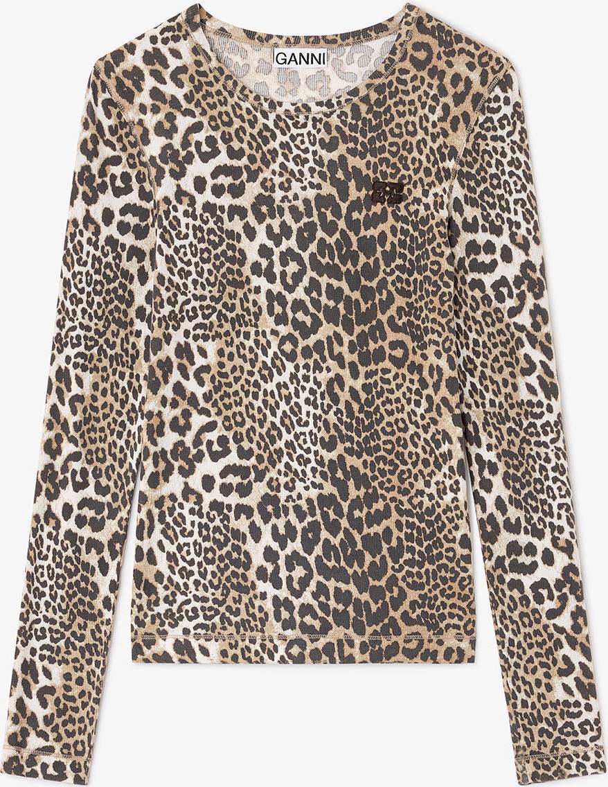 Ganni Mixed Leopard Rib Long-Sleeve Brown