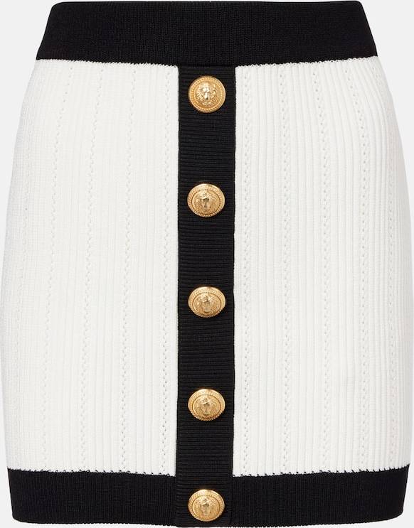 Balmain Button Embellished Two-tone Ribbed Knit Mini Skirt - White
