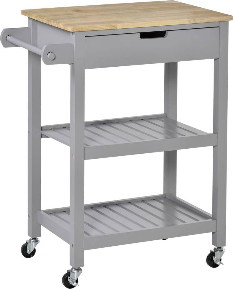 Homcom Kitchen Trolley Utility Cart With Rubberwood Towel Rack Drawer - Grey