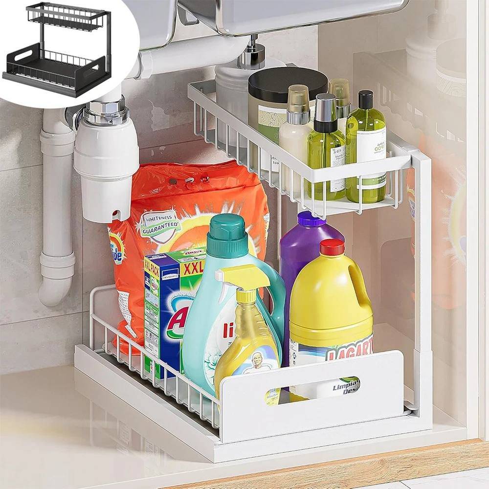 Basket drawer units 2 Tier Pull Out Basket Drawer Storage Rack - White
