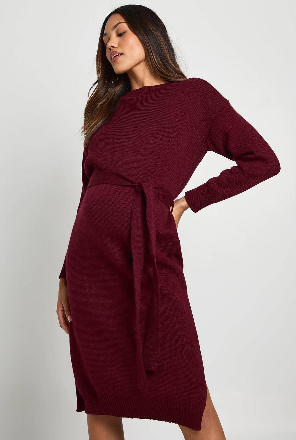 boohoo Robe Midi Pull Maternite Col Rond - Rouge Bordeaux