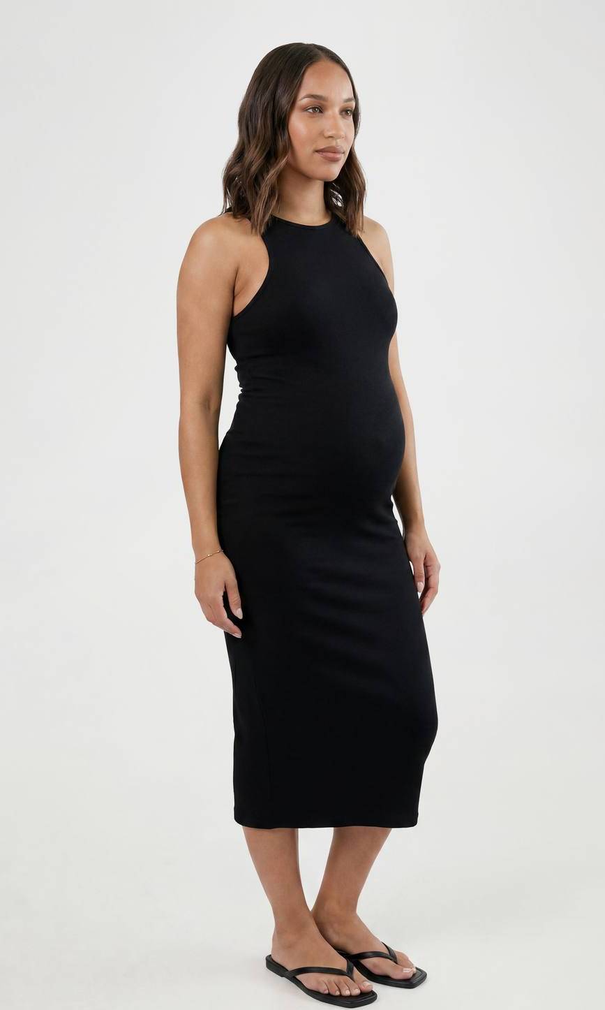 boohoo Maternity Basic Rib Racer Neck Midi Dress - Black