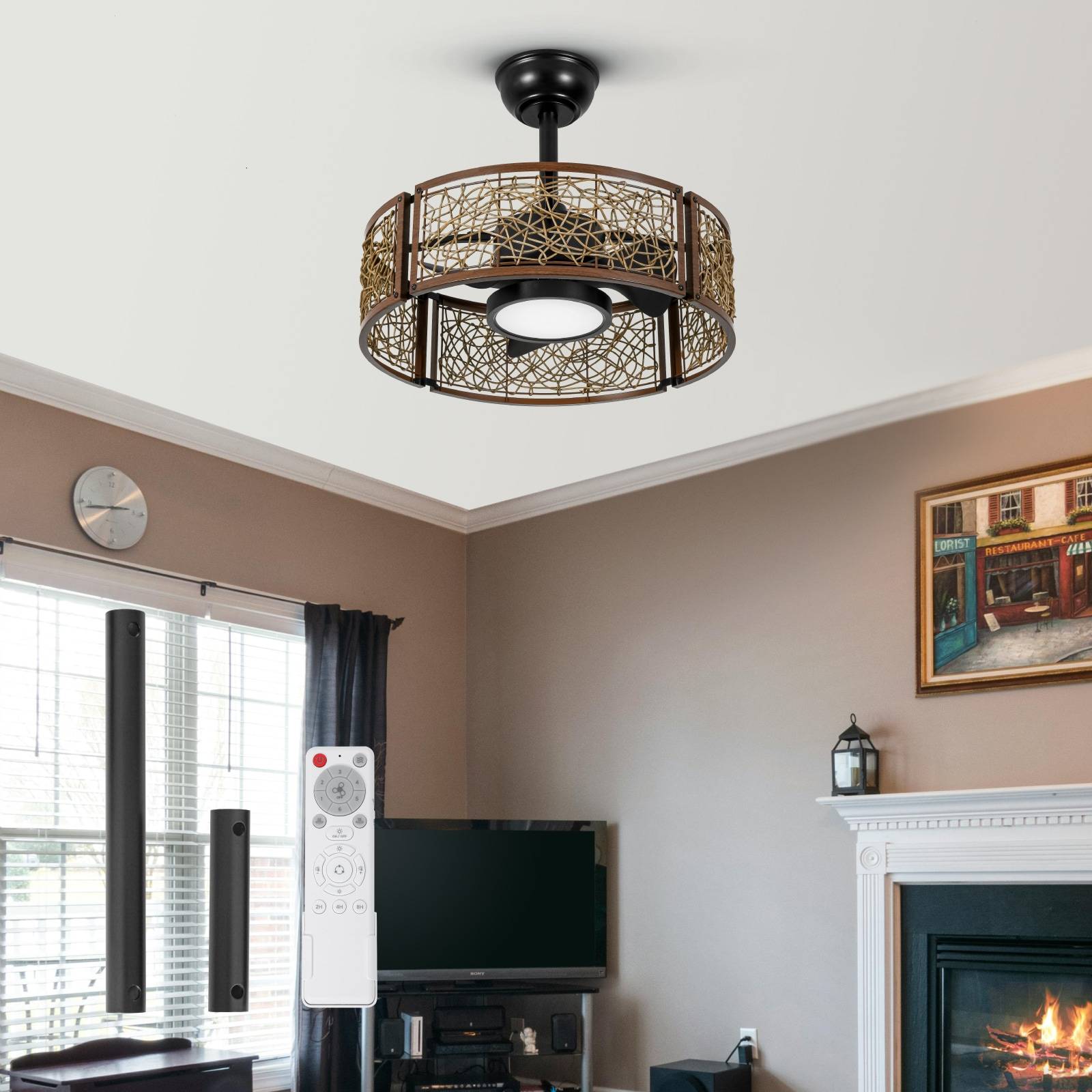 Rattan ceiling fan TALOYA 20-in Rustic Dark Walnut Natural Rattan Caged Ceiling Fan