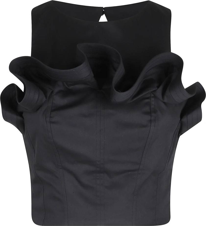 Elisabetta Franchi Ruffled Cropped Top Bomuld - Sort
