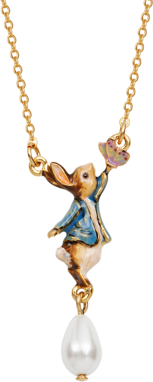 Fable England Rabbit Butterfly Pearl Drop Necklace - Gold