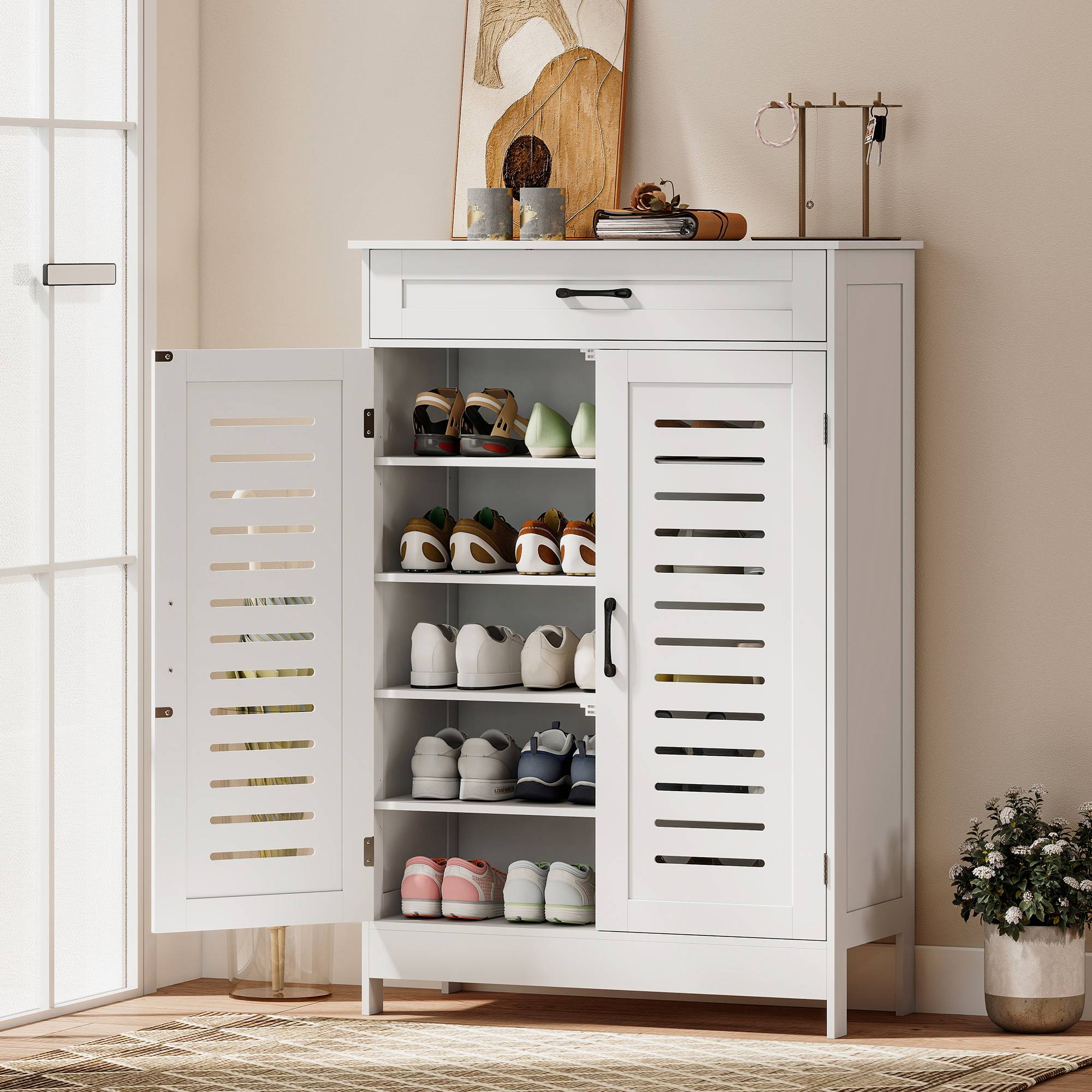 Homcom Shoe Cabinet With Louvered Doors Shoe Rack