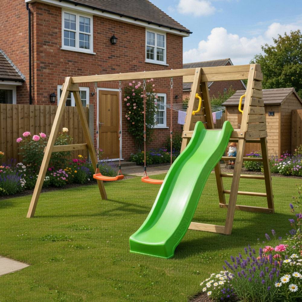 Outdoor swing and slide set Shire Double Swing Slide Set