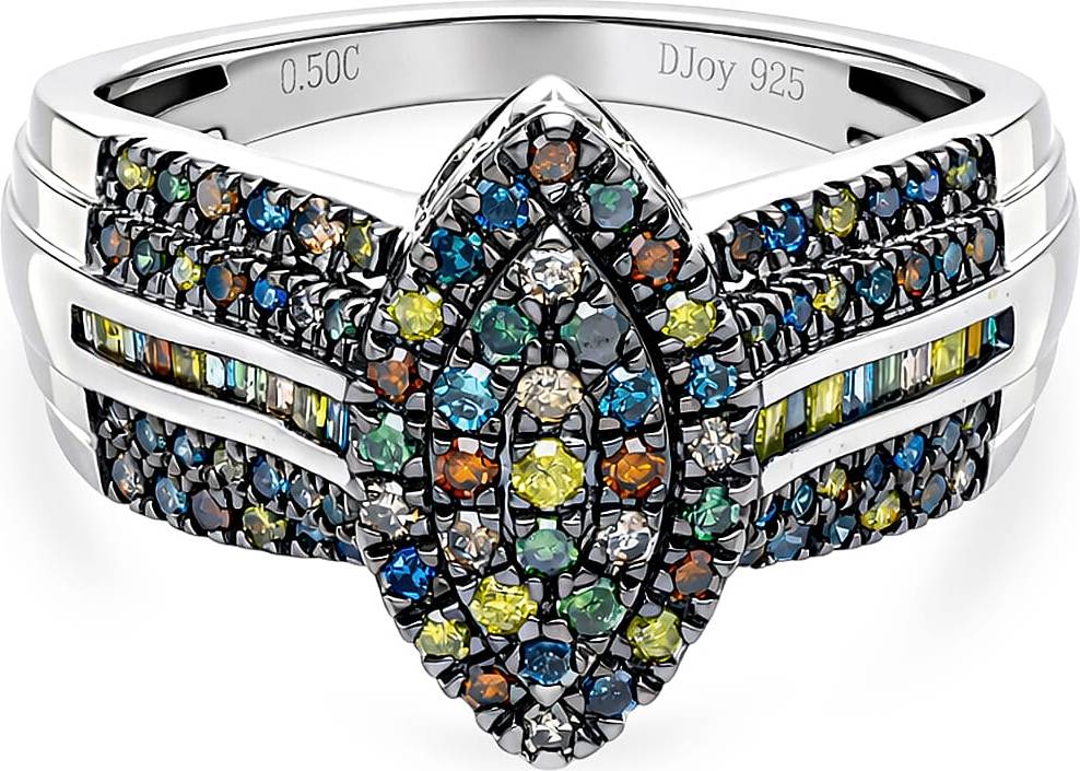 TJC Multi Diamond Cluster Ring Rhodium Overlay Sterling Silver