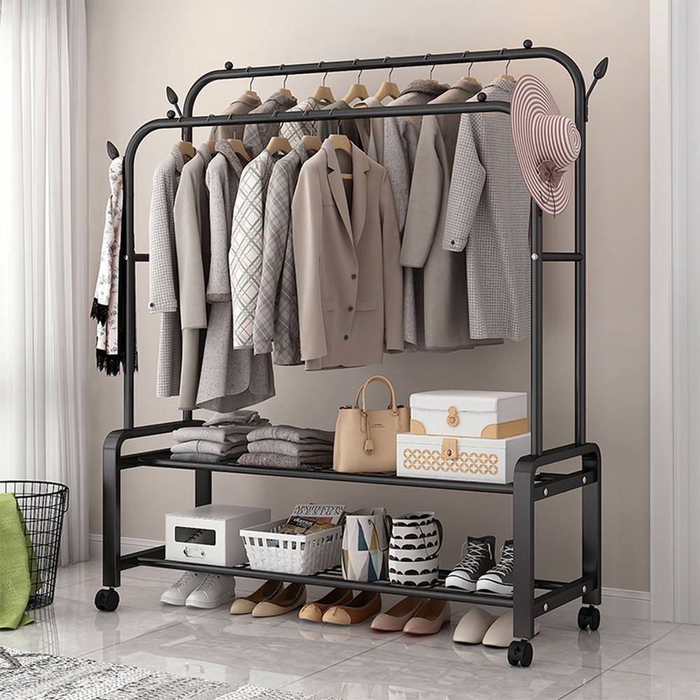 Living and Home 2-Rod Clothes Rack Garment Holder with Wheels Clothes Rack