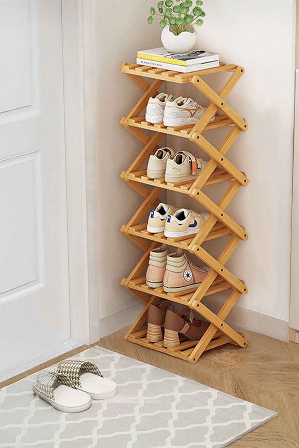 Living and Home 6-Layer Foldable Bamboo Shoe Rack Light Brown Shoe Rack