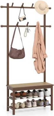 Coat rack shoe bench Costway Bamboo Coat Rack PE Rattan Hall Tree Bench Shoe Rack