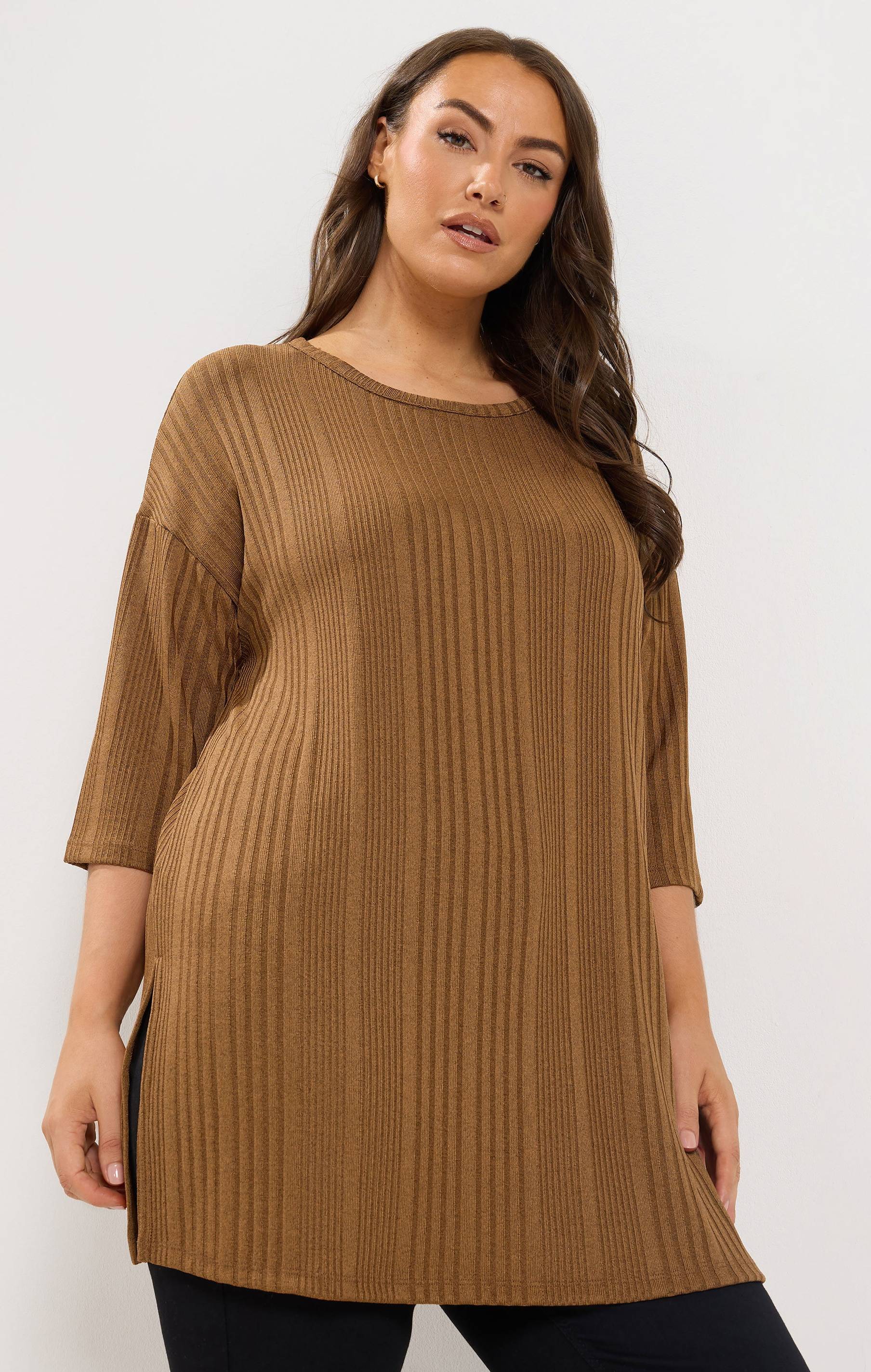 Yours Ribbed Drop Sleeve Top Brown
