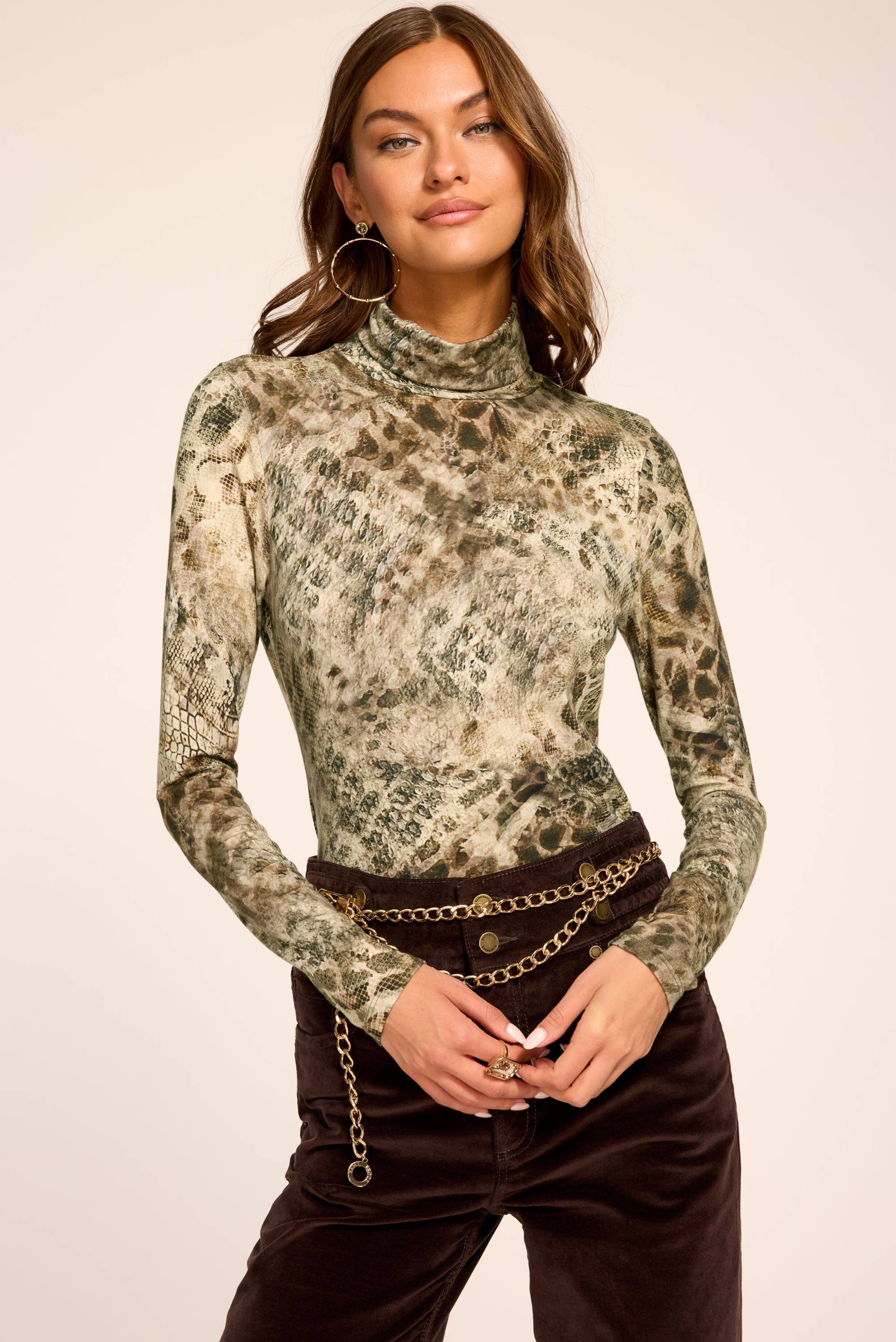 Thea Printed Knit Turtleneck Top - Bone Python