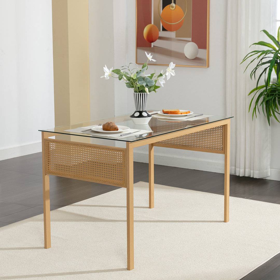 Bloomsbury Market Rectangular Tempered Glass Rattan Dining Table Dining Table