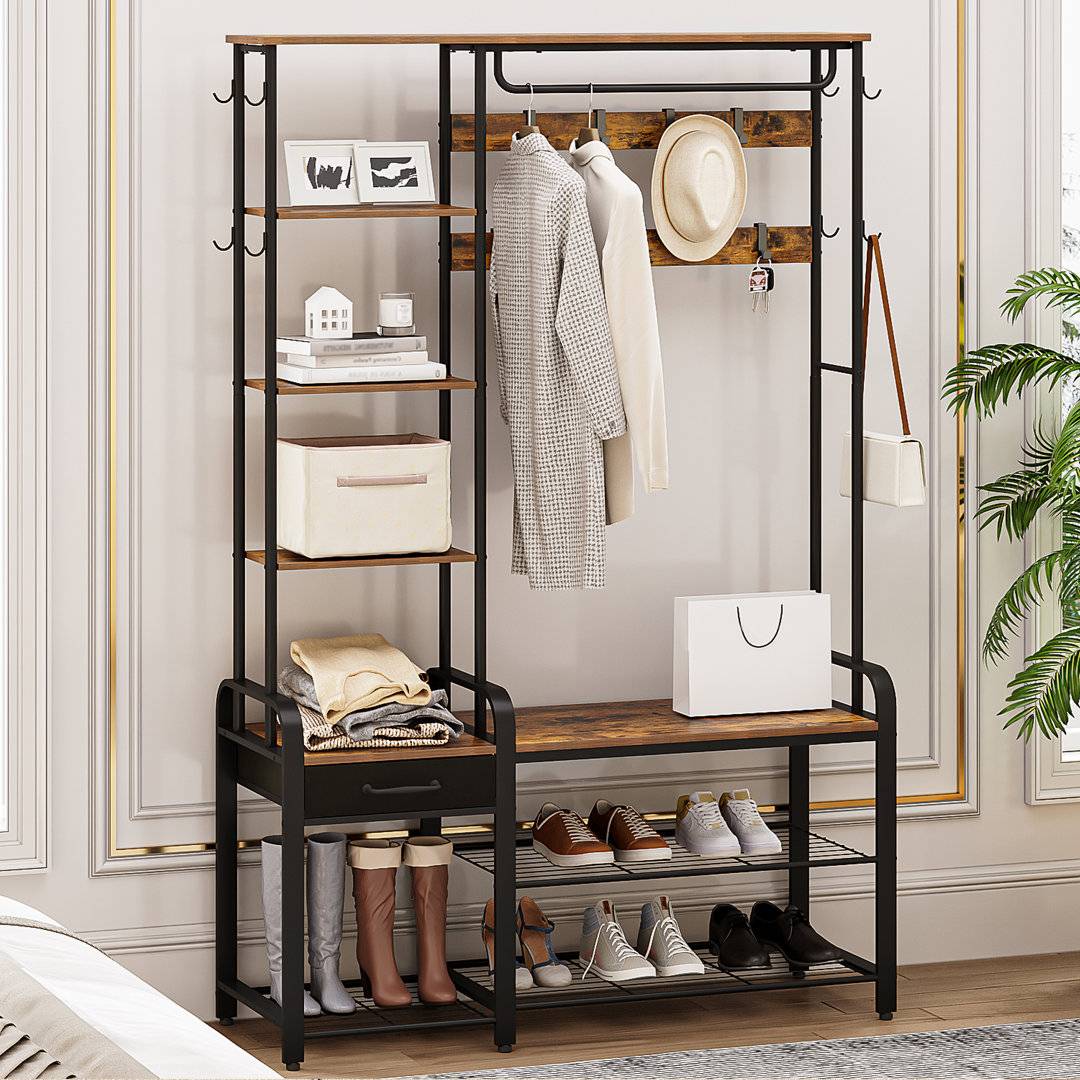Shoe and coat storage Ebern Designs Coat Rack with Shoe Storage Bench and Drawer Shoe Rack 120x182cm
