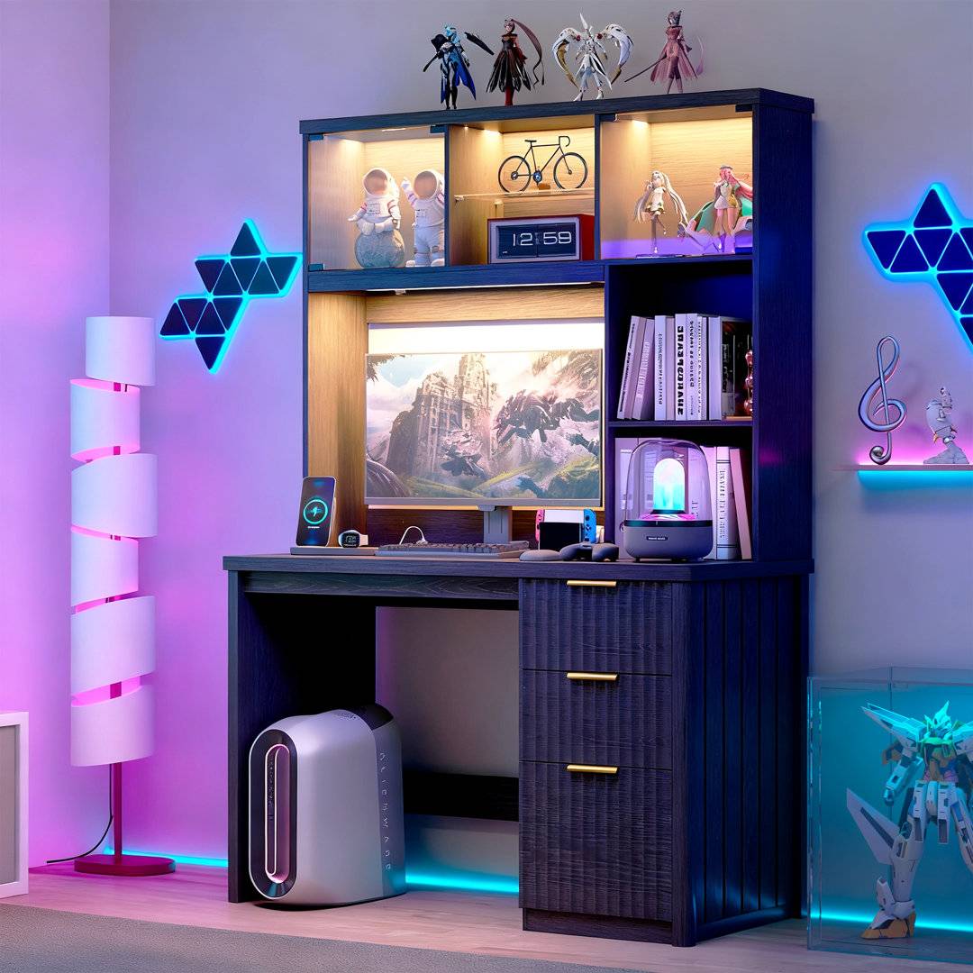 Computer Desk With Power Outlet Tri-Color Light