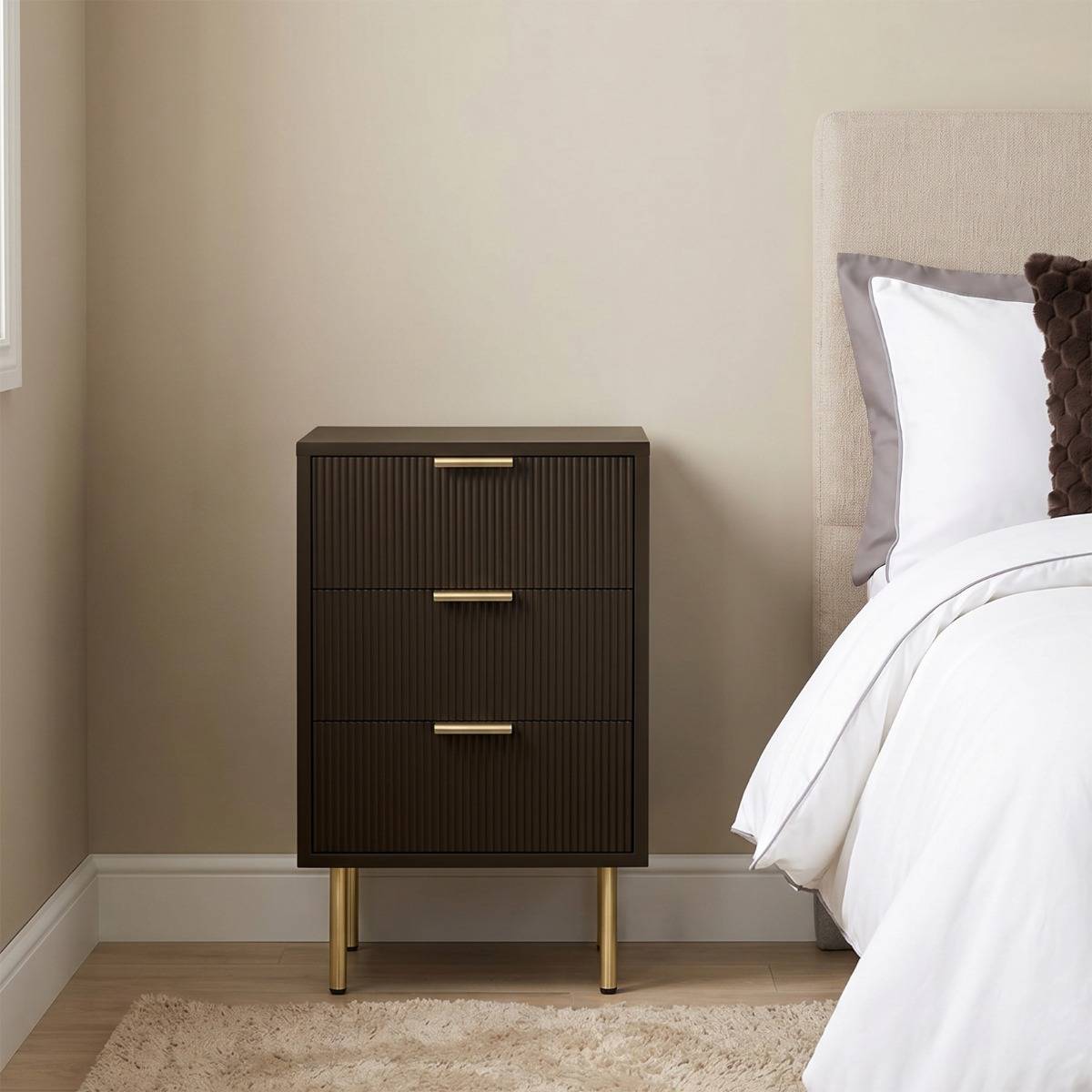 OHS Ribbed 3-Drawer Bedside Unit Chocolate Bedside Table