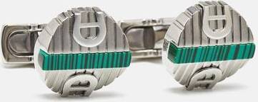 Logo Green Inlay Textured Silver Tone Round Cufflinks
