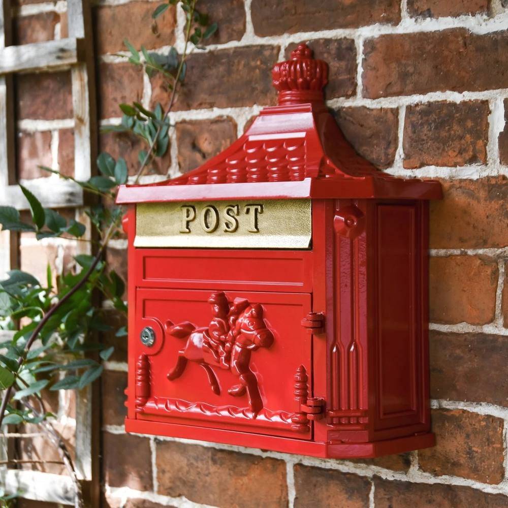 NESTLUNE Wall Mounted Post Box Lockable Letter Mail Red