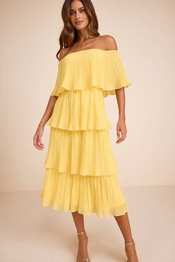 Lulus Ready Yellow Off-the-Shoulder Ruffle Midi Dress